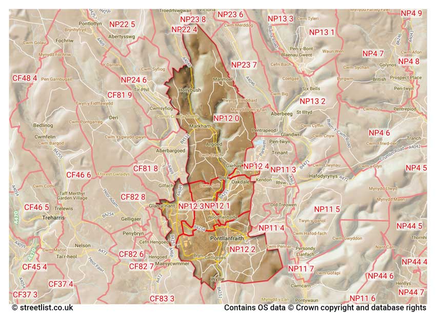 map showing postcode sectors within the NP12 district