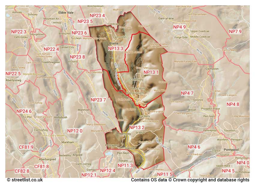 map showing postcode sectors within the NP13 district