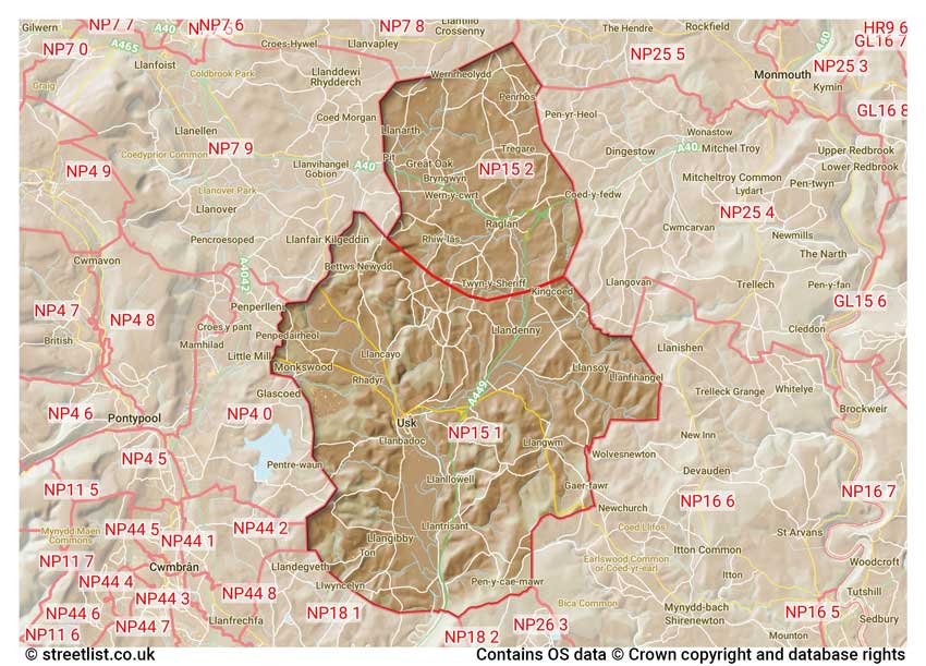 map showing postcode sectors within the NP15 district