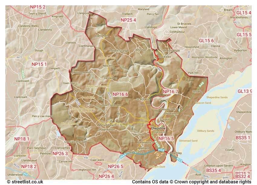 map showing postcode sectors within the NP16 district