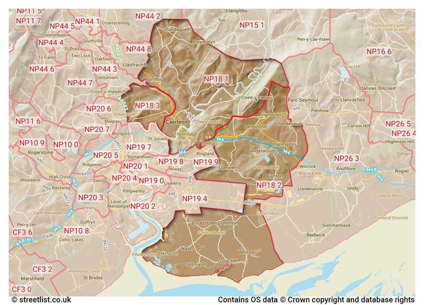 map showing postcode sectors within the NP18 district