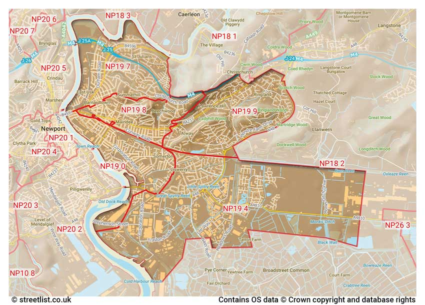 map showing postcode sectors within the NP19 district