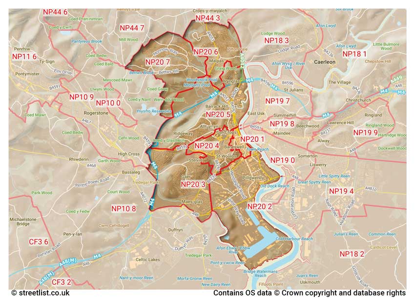 map showing postcode sectors within the NP20 district