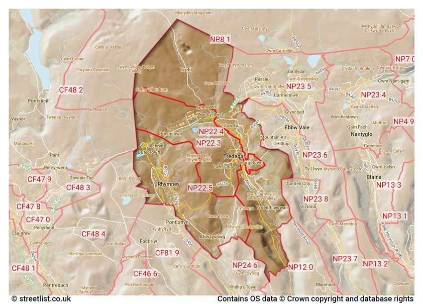 map showing postcode sectors within the NP22 district