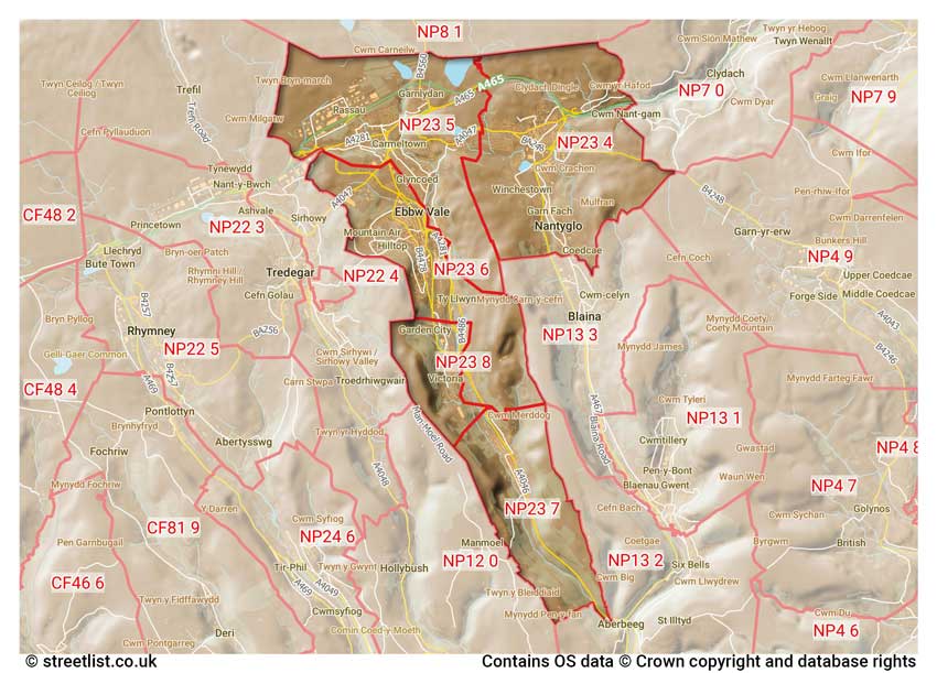 map showing postcode sectors within the NP23 district