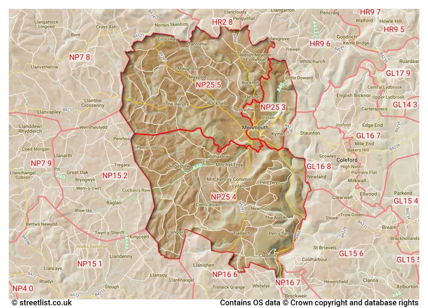 map showing postcode sectors within the NP25 district