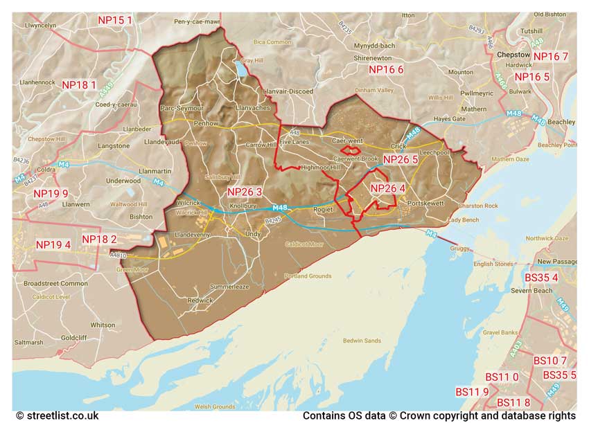 map showing postcode sectors within the NP26 district