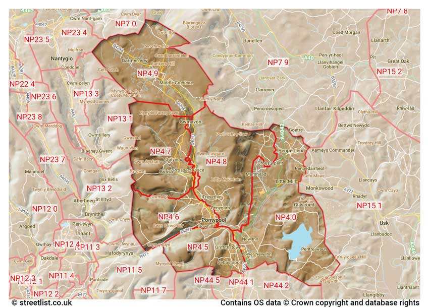 map showing postcode sectors within the NP4 district