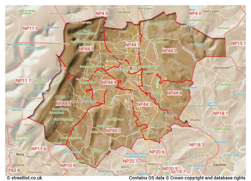 map showing postcode sectors within the NP44 district