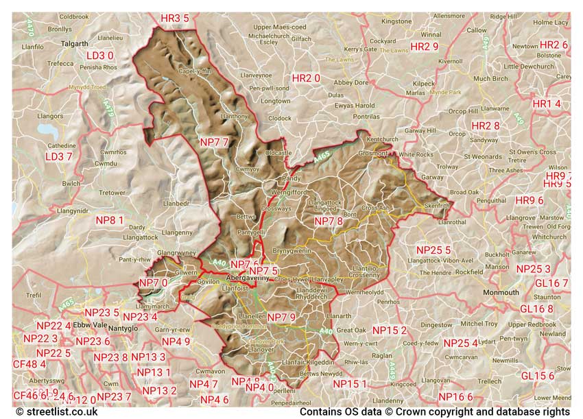 map showing postcode sectors within the NP7 district