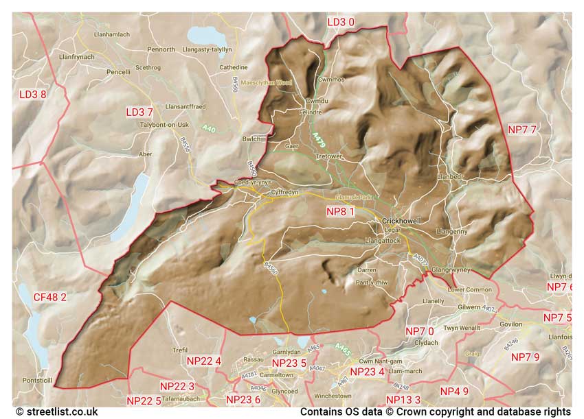 map showing postcode sectors within the NP8 district