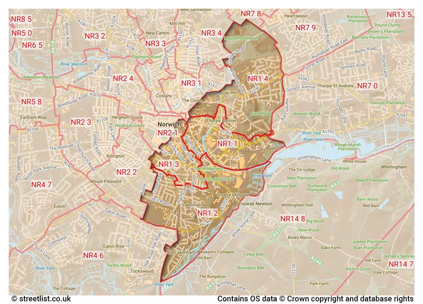 map showing postcode sectors within the NR1 district