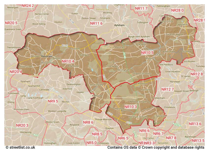 map showing postcode sectors within the NR10 district