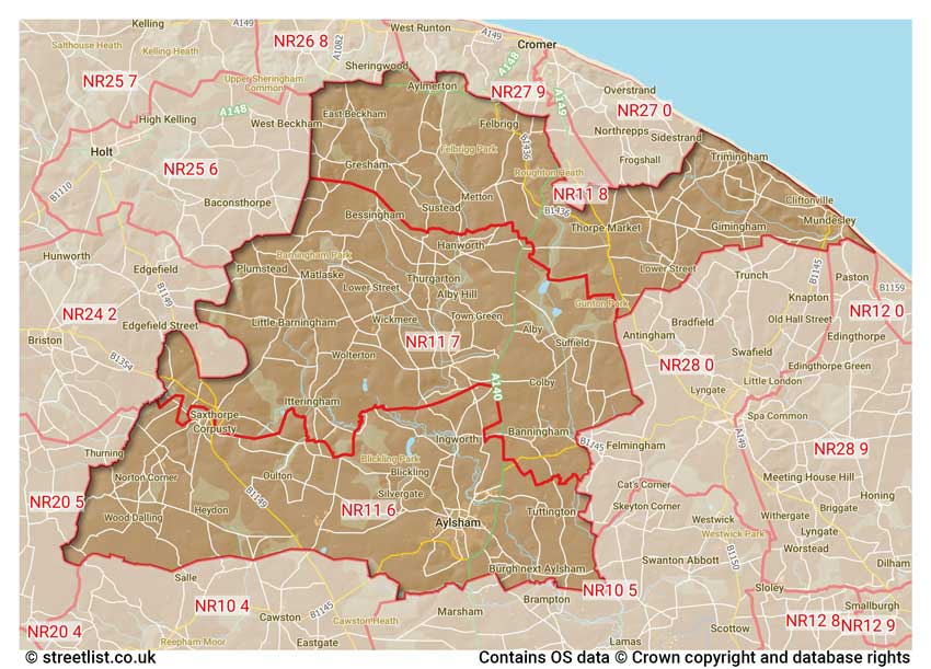 map showing postcode sectors within the NR11 district