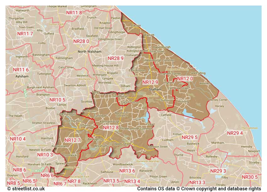 map showing postcode sectors within the NR12 district