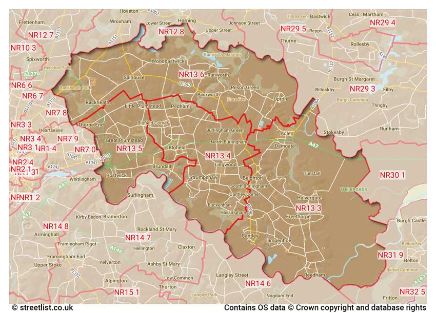 map showing postcode sectors within the NR13 district