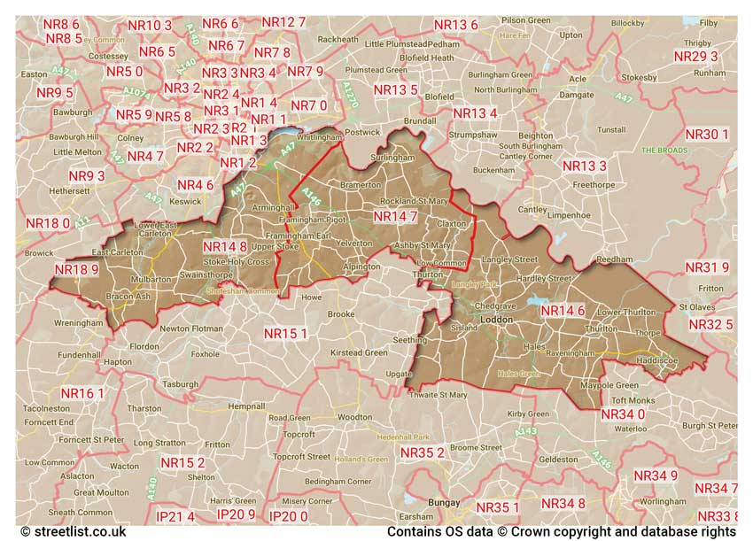 map showing postcode sectors within the NR14 district