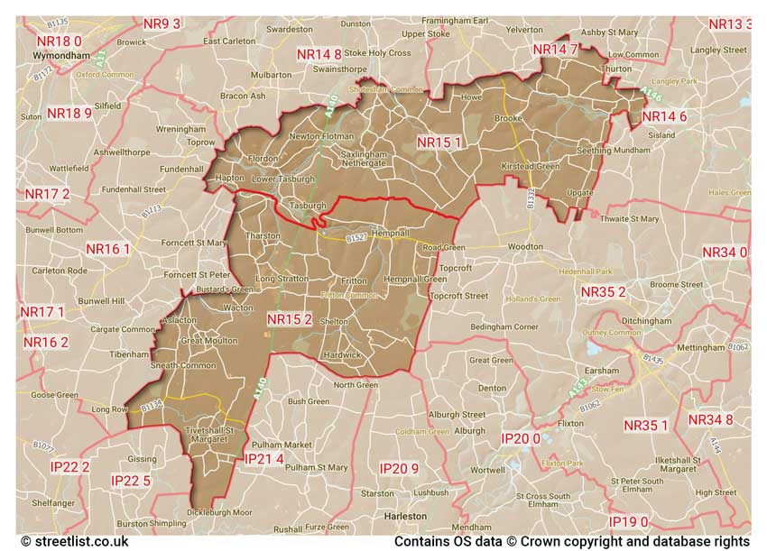 map showing postcode sectors within the NR15 district