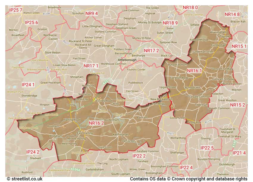 map showing postcode sectors within the NR16 district