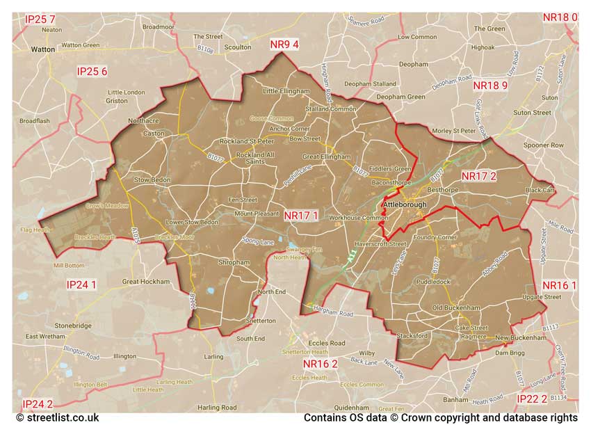 map showing postcode sectors within the NR17 district