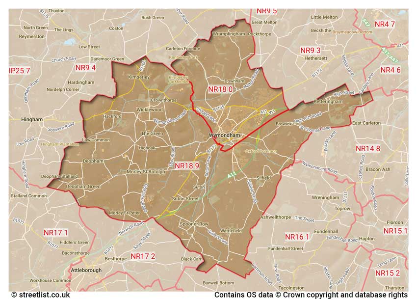 map showing postcode sectors within the NR18 district