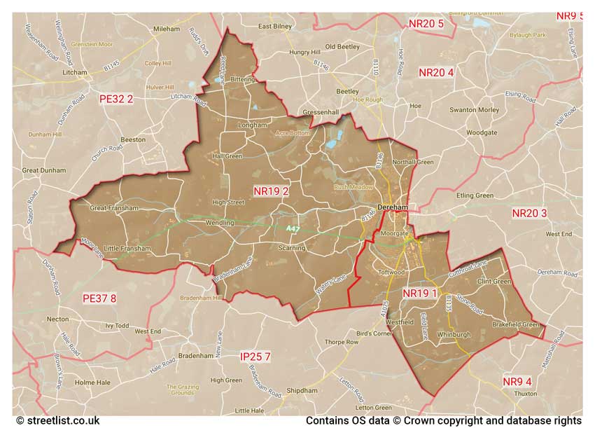 map showing postcode sectors within the NR19 district