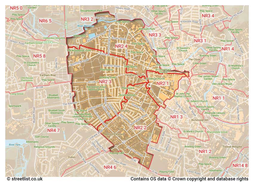 map showing postcode sectors within the NR2 district