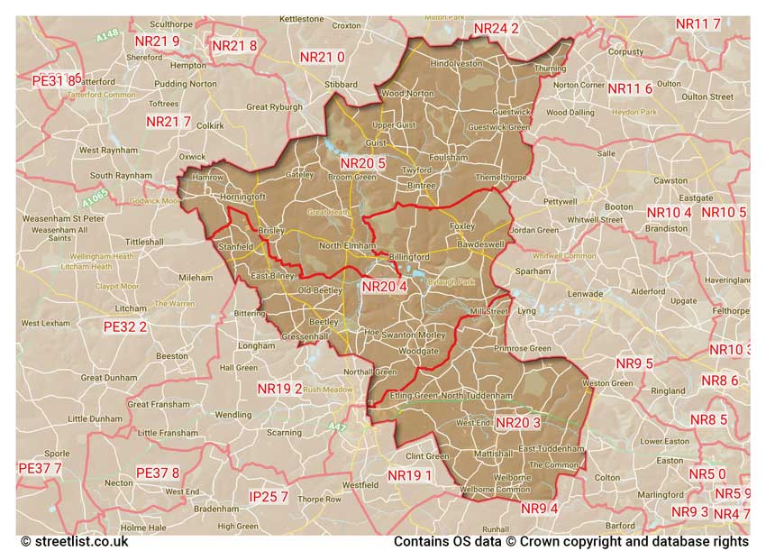 map showing postcode sectors within the NR20 district