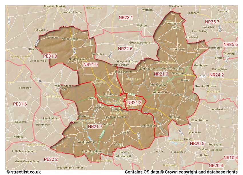 map showing postcode sectors within the NR21 district