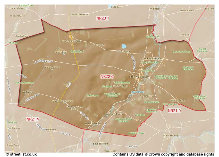 map showing postcode sectors within the NR22 district