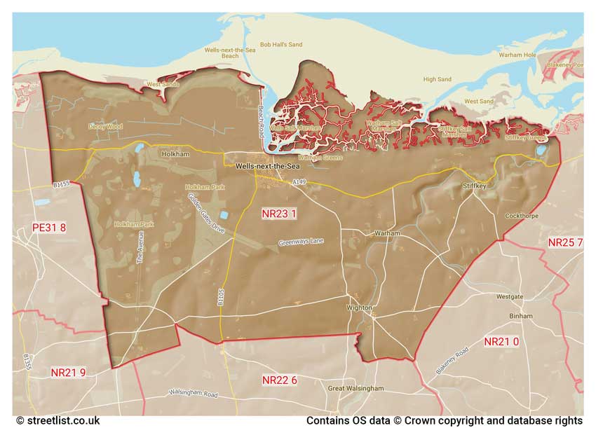 map showing postcode sectors within the NR23 district