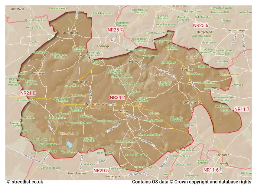 map showing postcode sectors within the NR24 district