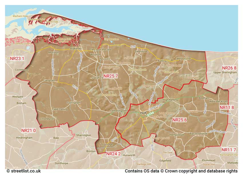 map showing postcode sectors within the NR25 district