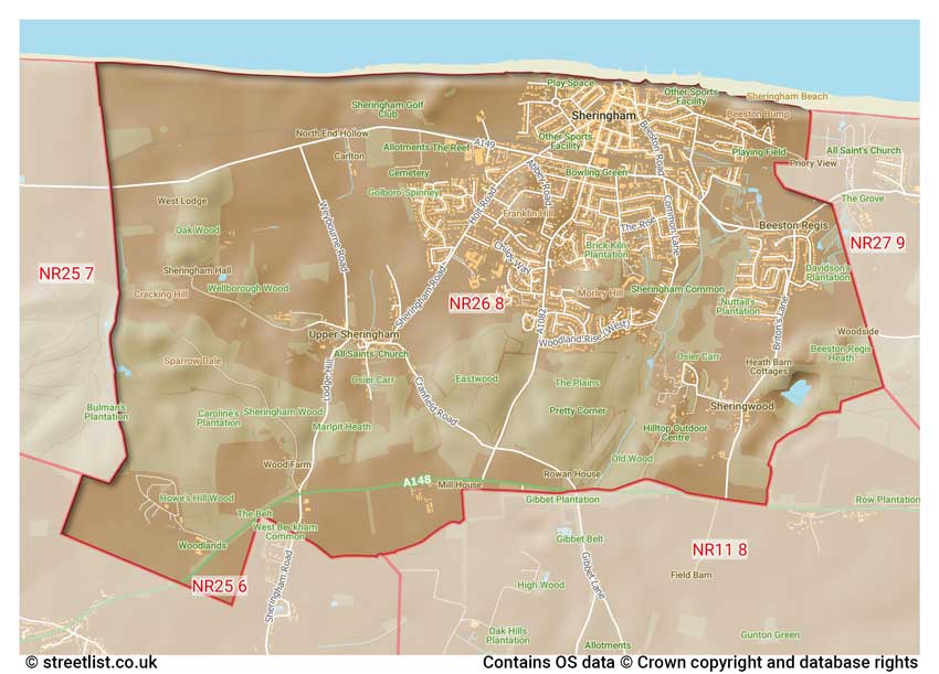 map showing postcode sectors within the NR26 district