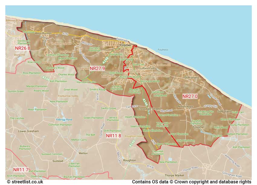 map showing postcode sectors within the NR27 district