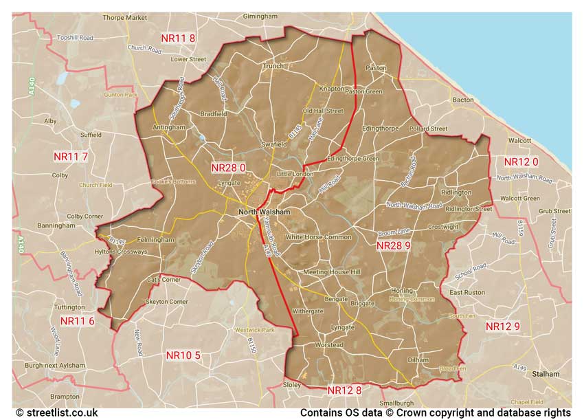 map showing postcode sectors within the NR28 district