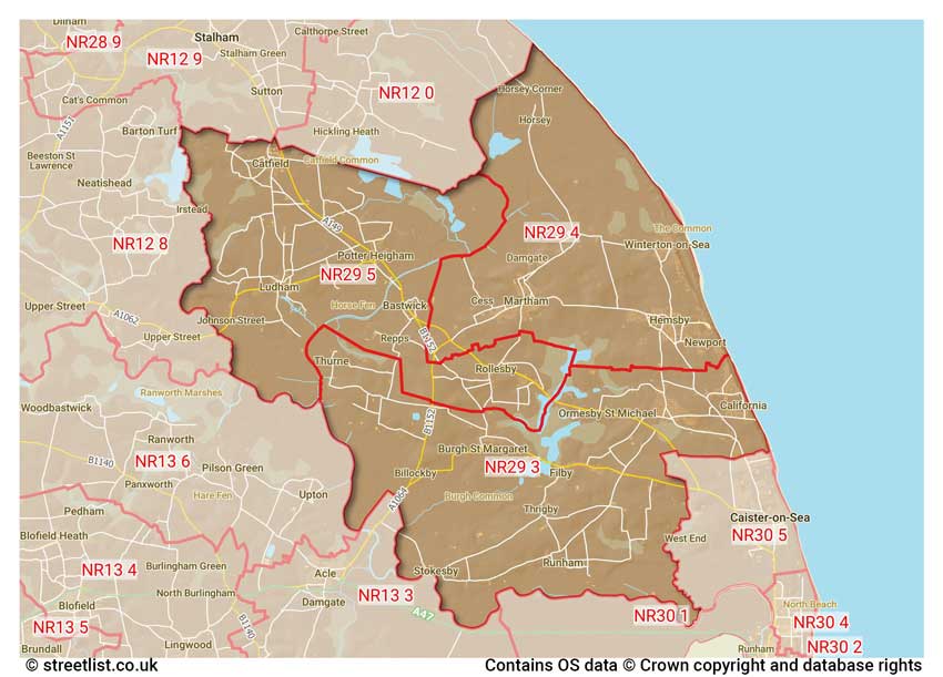 map showing postcode sectors within the NR29 district