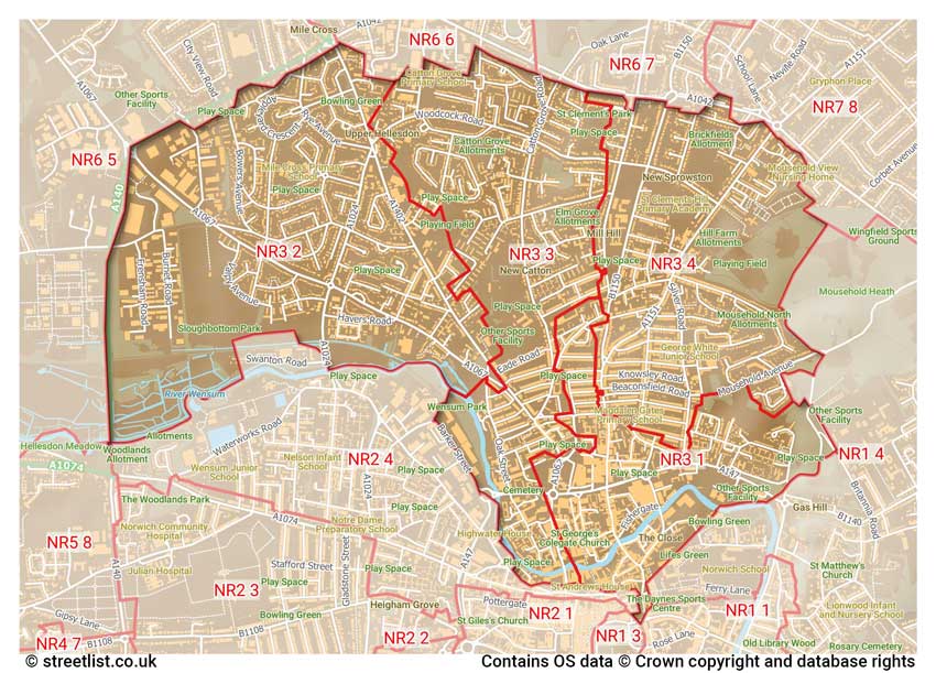 map showing postcode sectors within the NR3 district