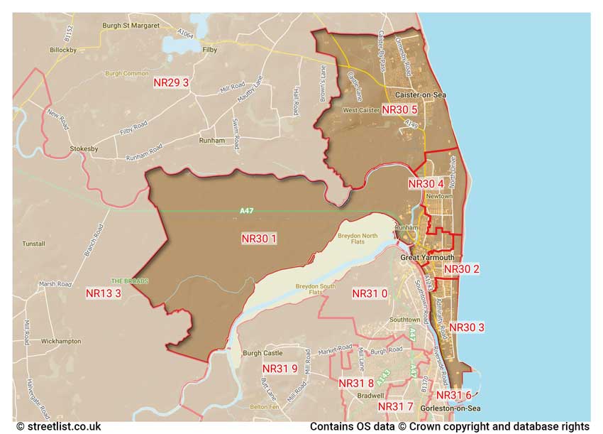 map showing postcode sectors within the NR30 district