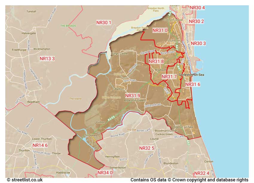 map showing postcode sectors within the NR31 district