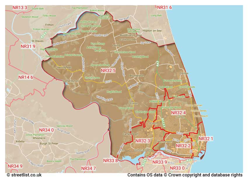 map showing postcode sectors within the NR32 district