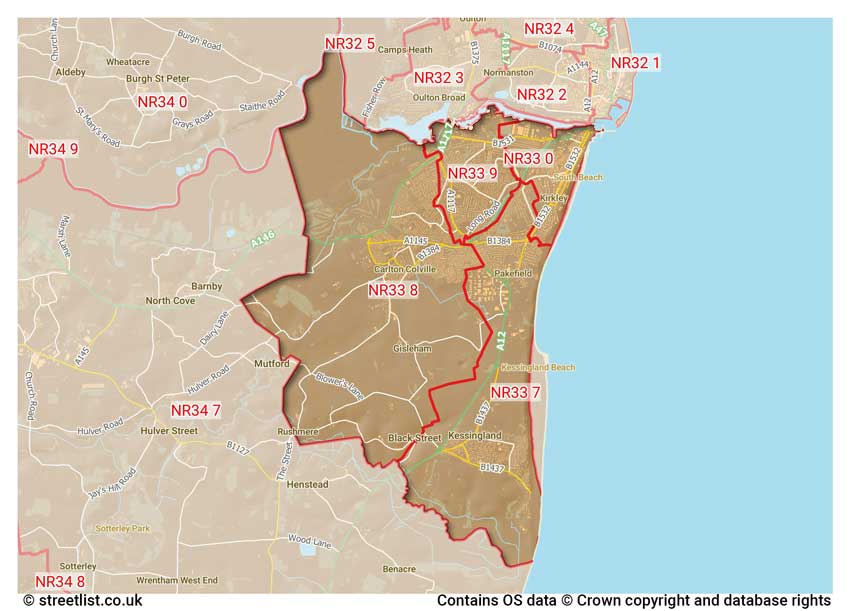 map showing postcode sectors within the NR33 district