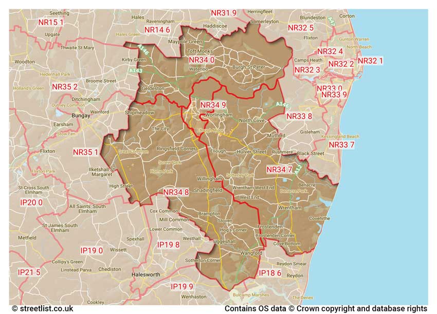 map showing postcode sectors within the NR34 district