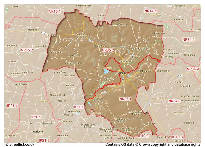 map showing postcode sectors within the NR35 district