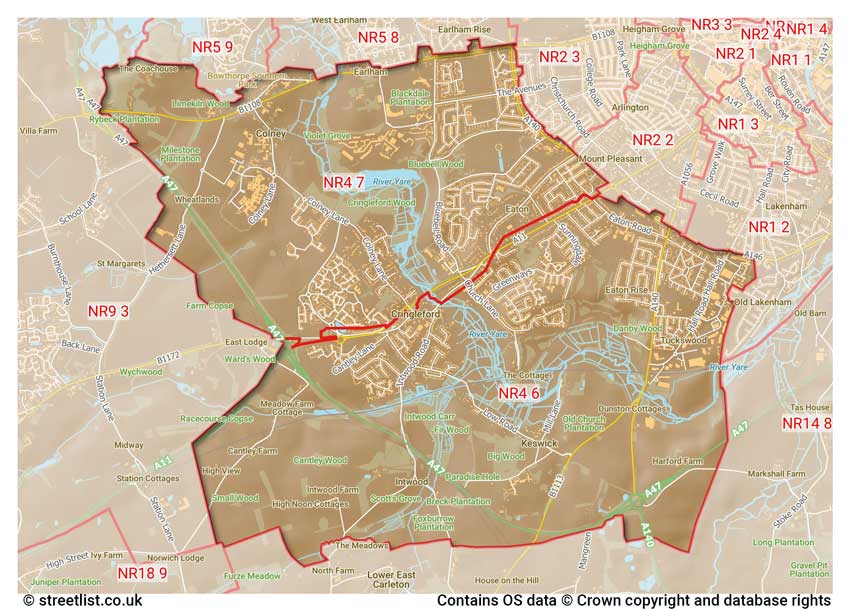 map showing postcode sectors within the NR4 district