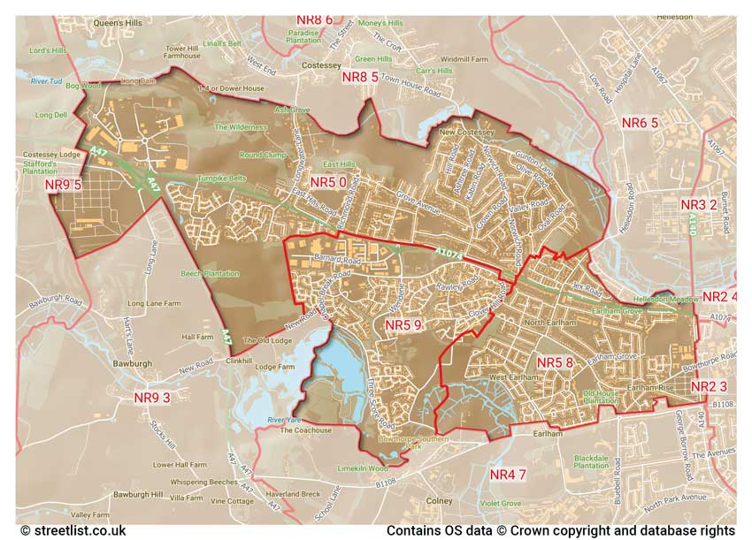 map showing postcode sectors within the NR5 district