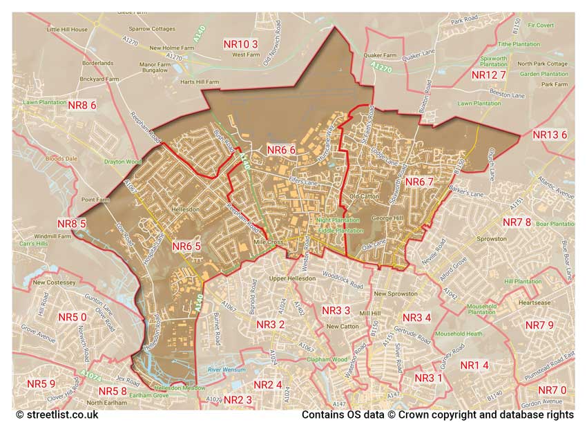 map showing postcode sectors within the NR6 district