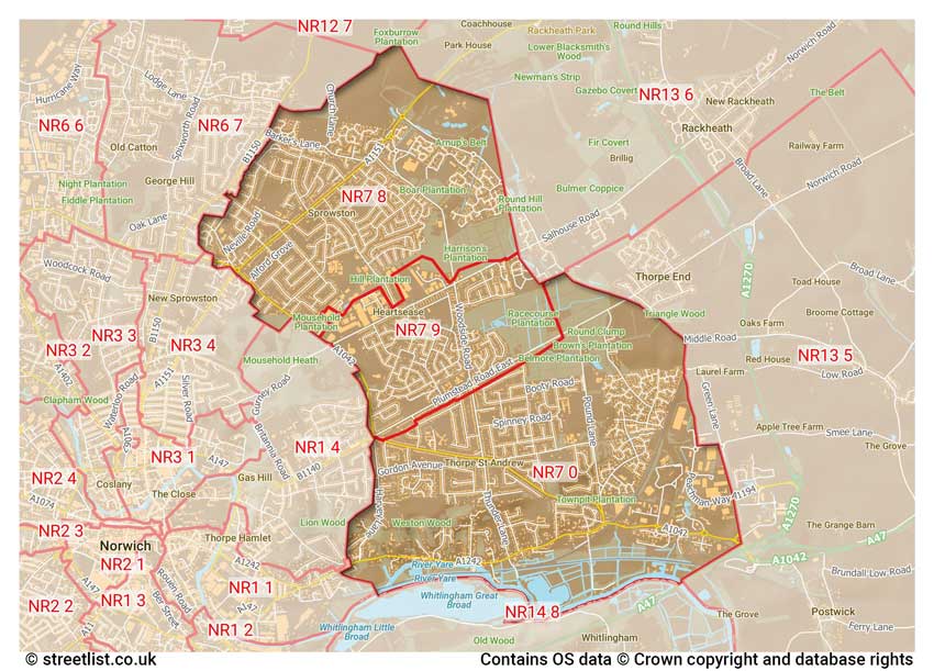map showing postcode sectors within the NR7 district