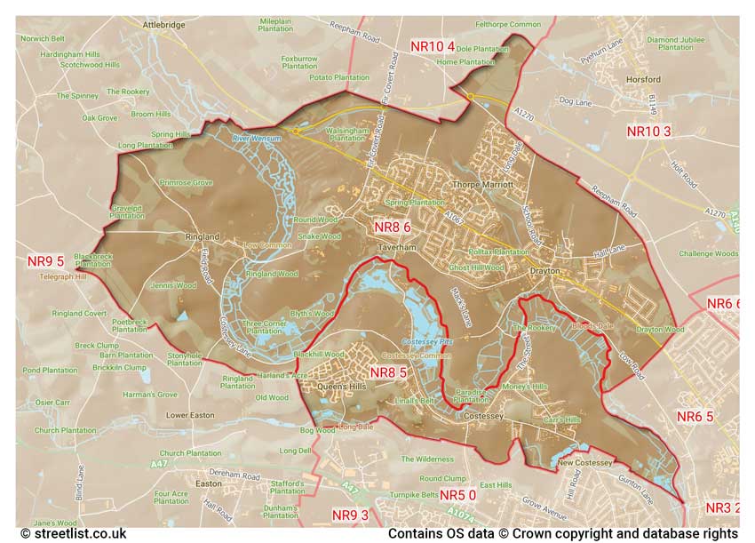 map showing postcode sectors within the NR8 district