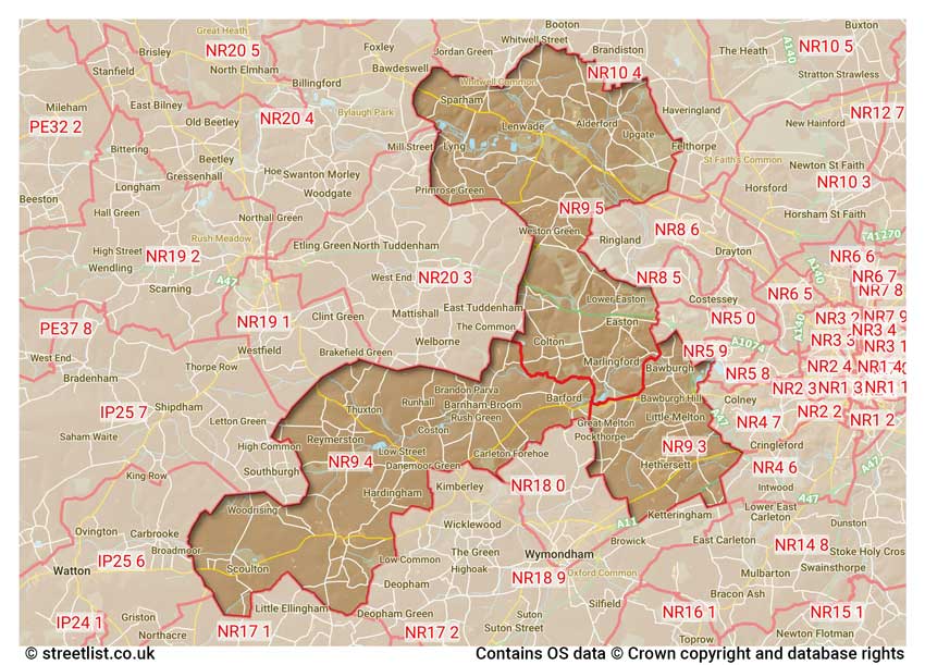 map showing postcode sectors within the NR9 district